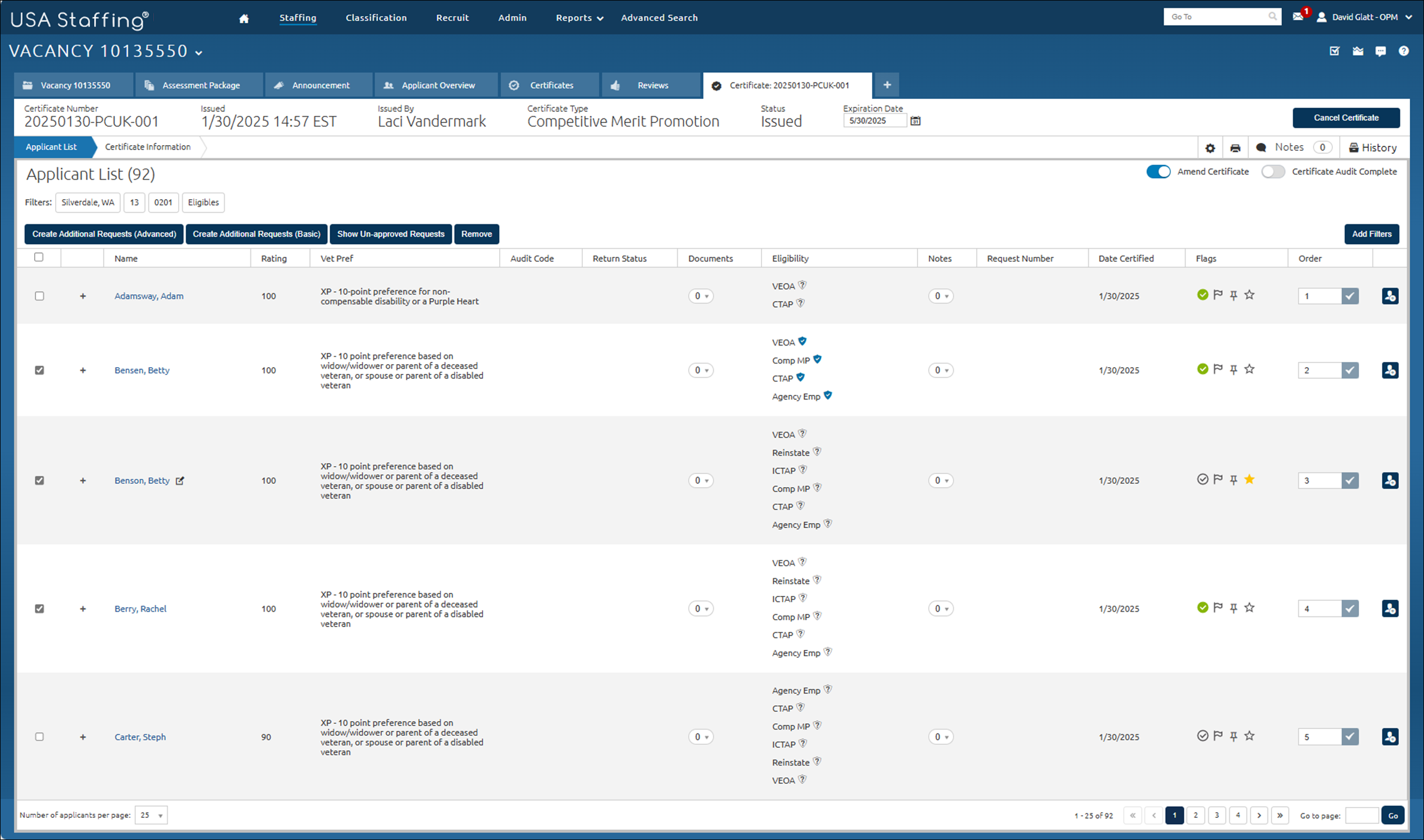 Removing multiple applicants from an issued certificate