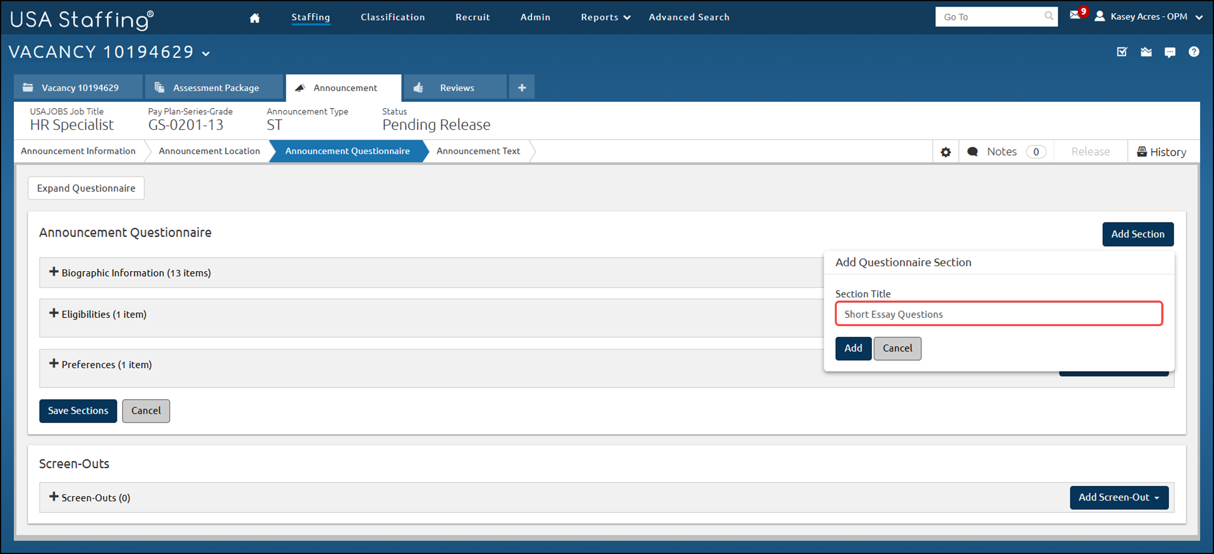 Announcement Questionnaire page adding a section with the Section Title highlighted