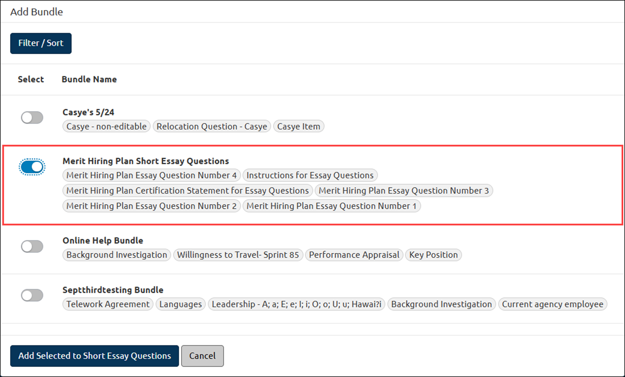 Add Bundle options with Merit Hiring Plan Short Essay Questions highlighted