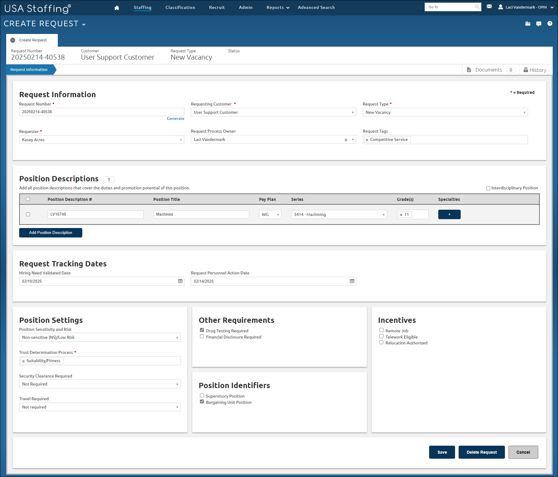 Example of the Request Information Page showing a Wage Grade Request 