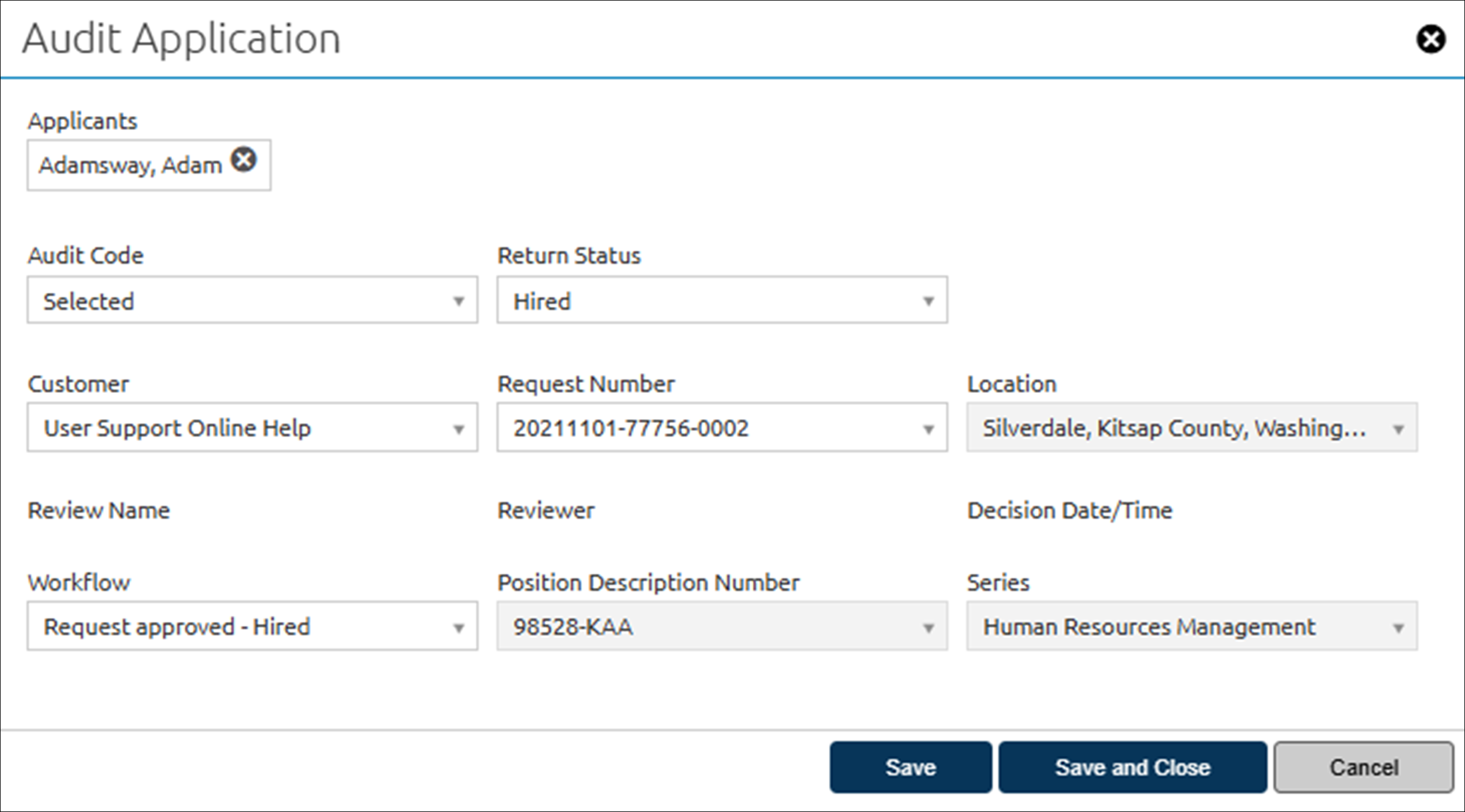 Audit application pop-up box