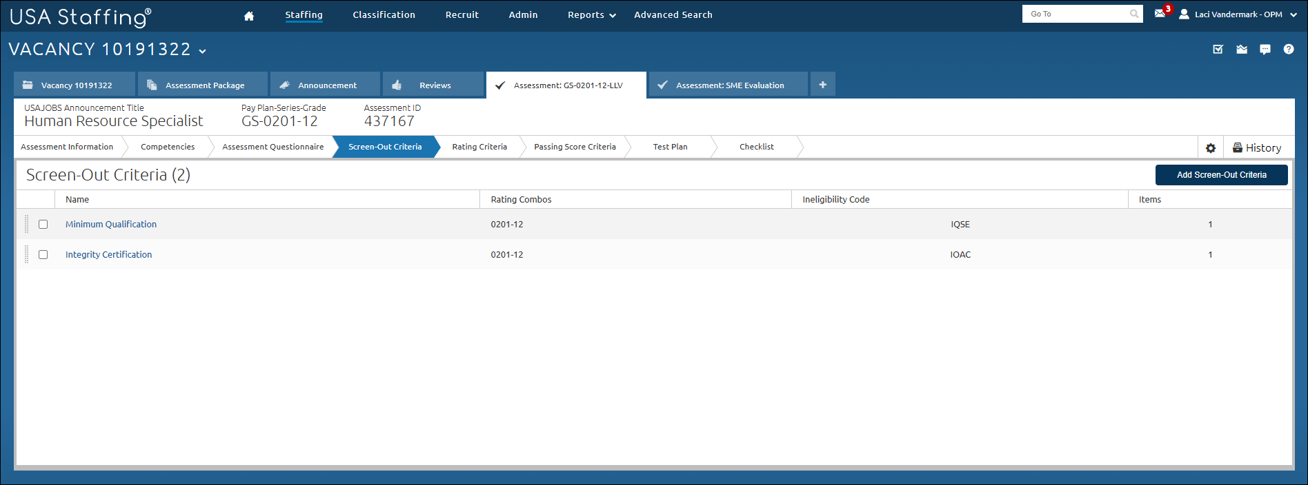 Screen Out Criteria Page