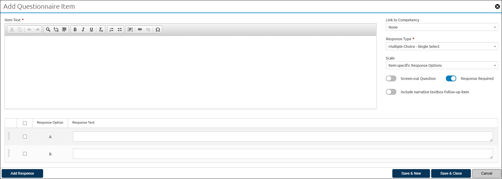 Add Questionnaire Item display