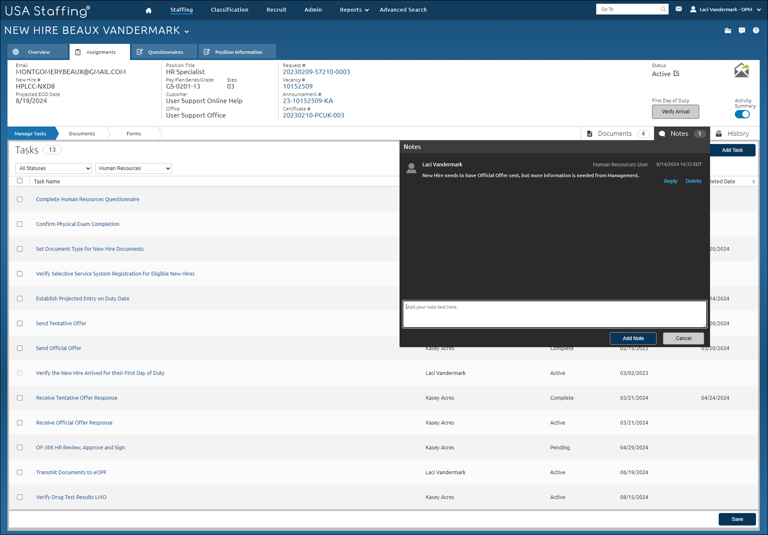 View New Hire Notes