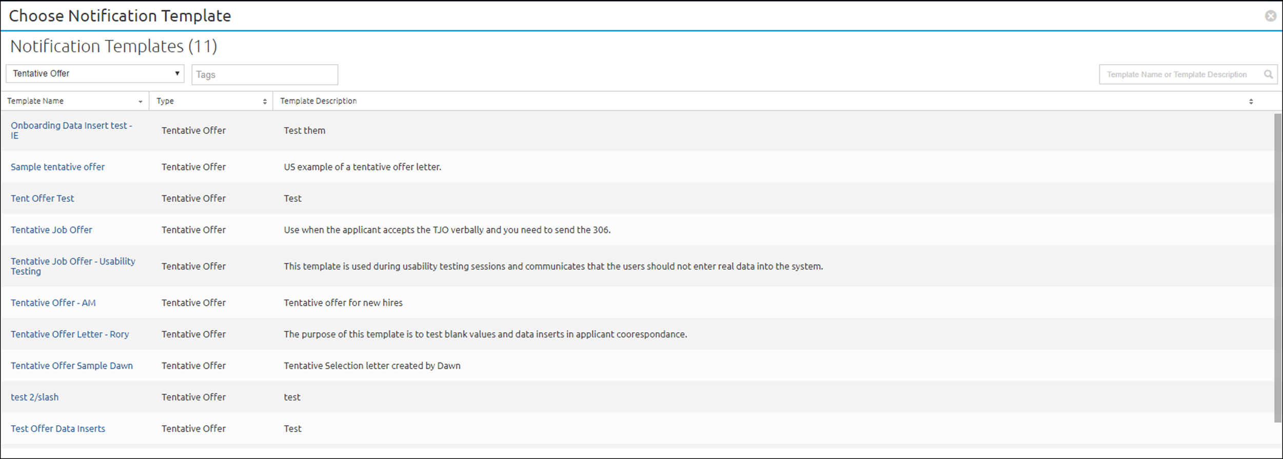 Selecting new hire notification template