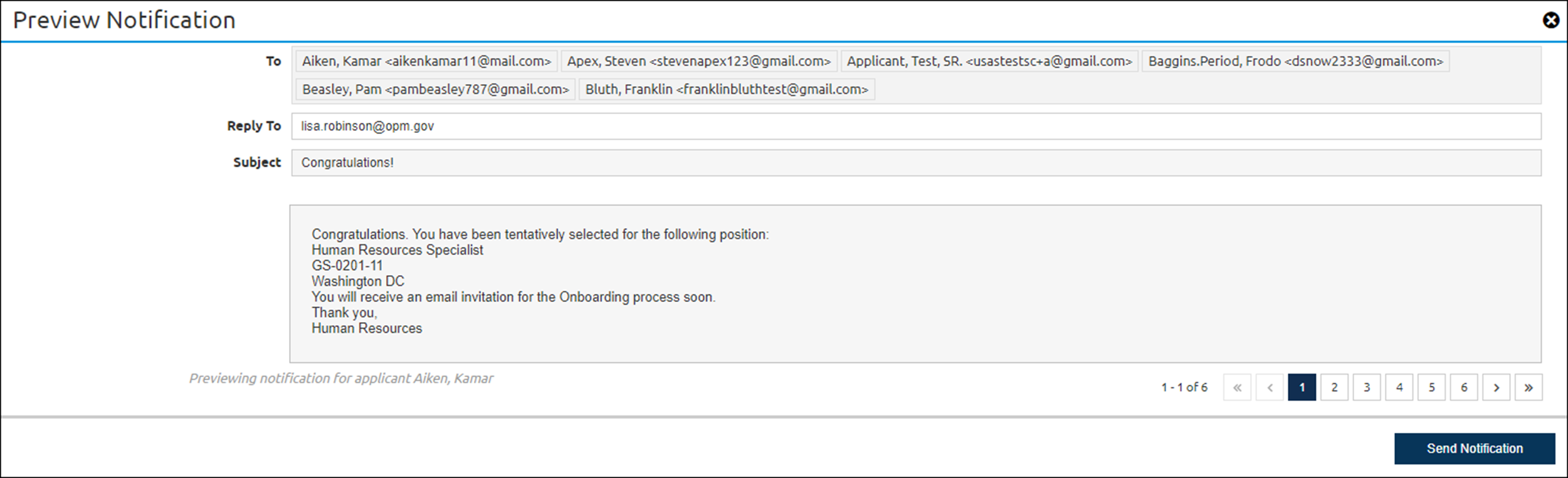 Preview new hire notification for multiple new hires