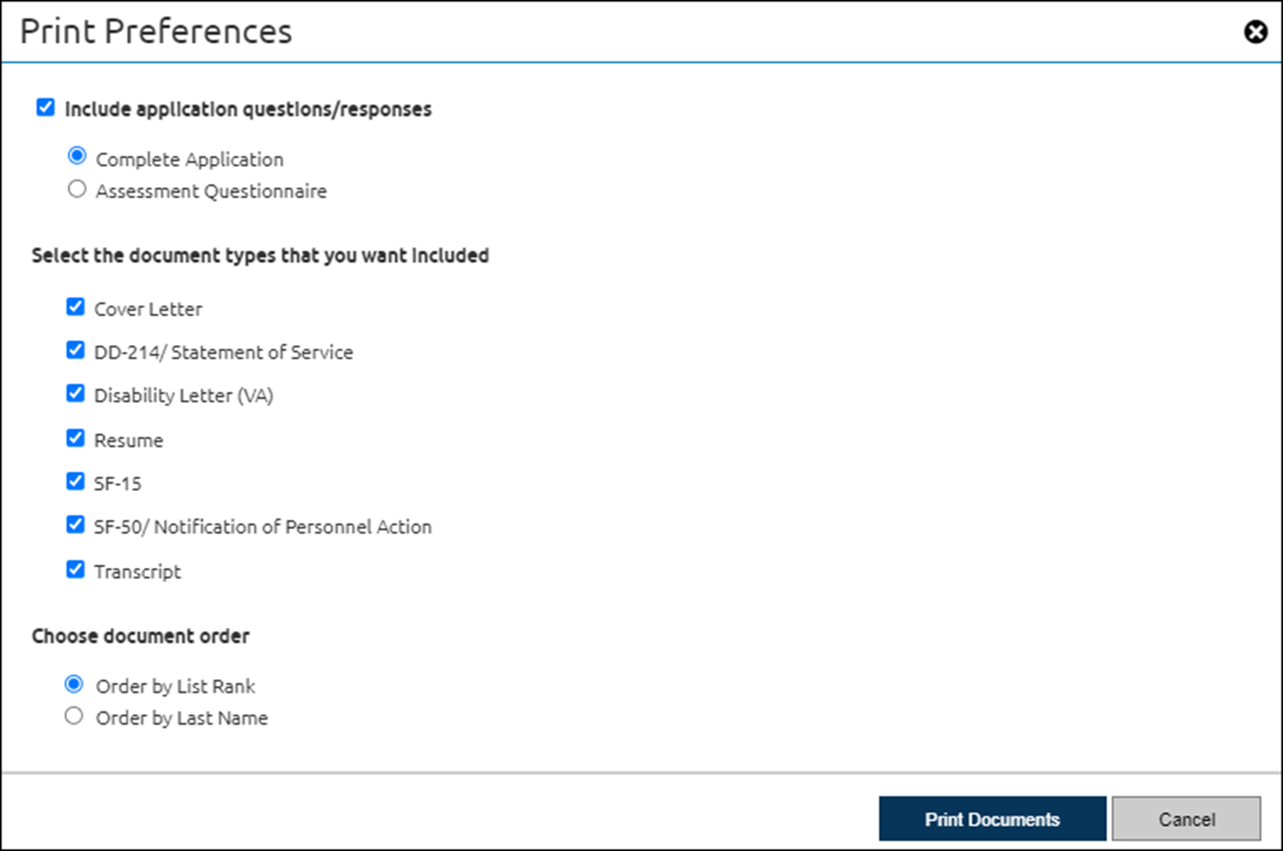 Batch printing documents print preferences