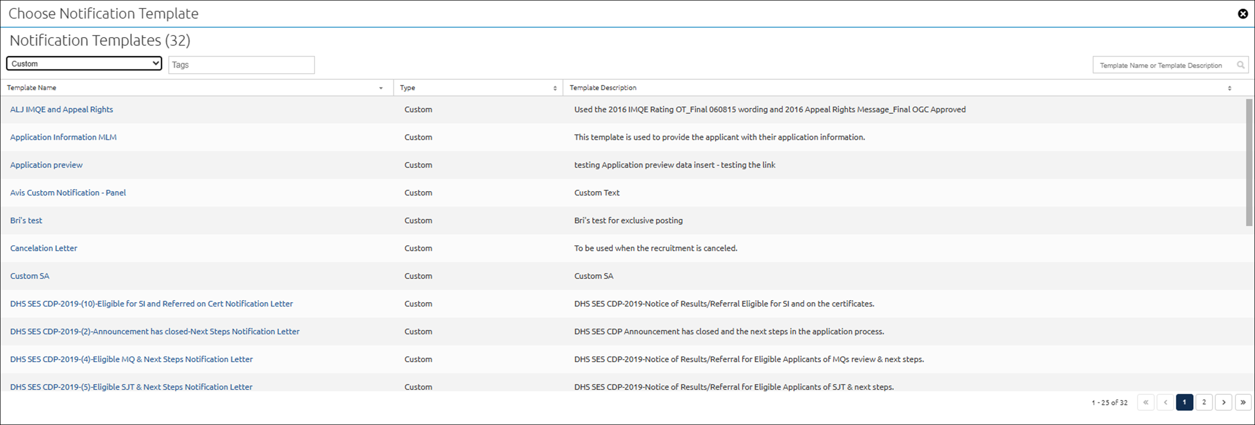 Choose custom notification template popup box