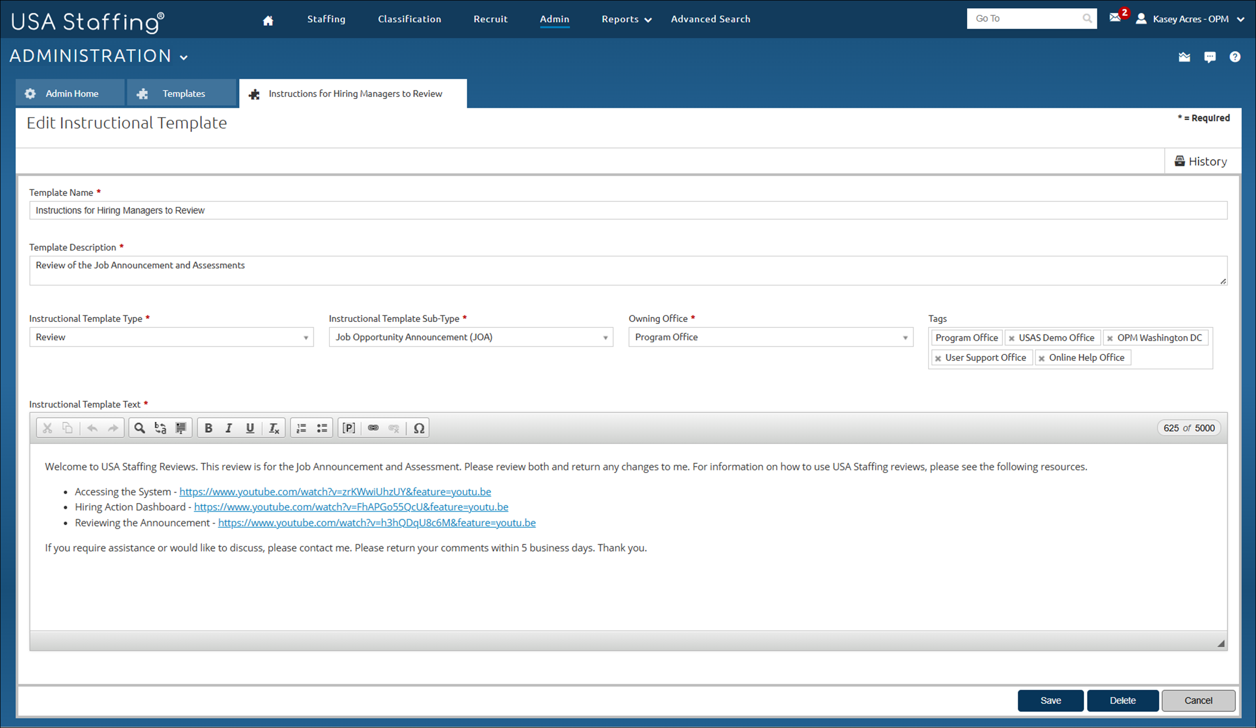 Edit Instructional Template page