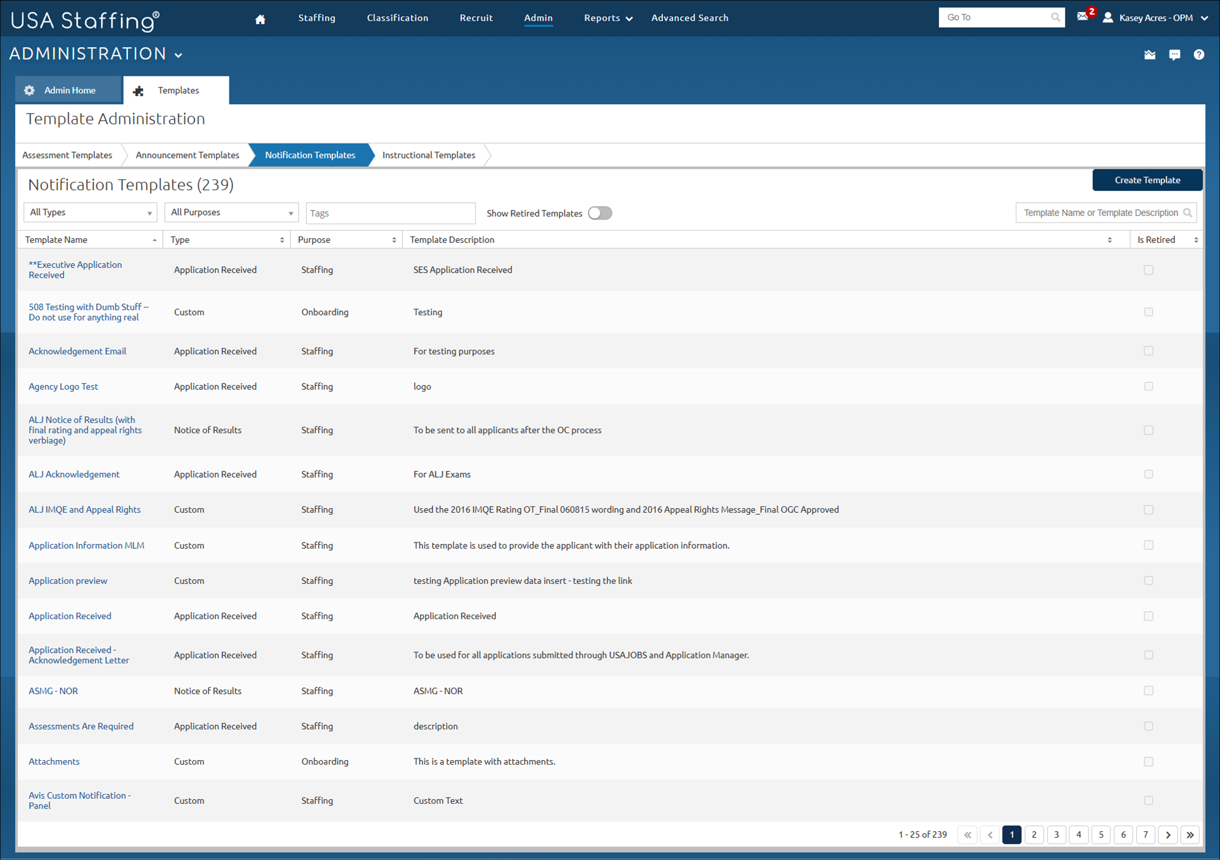 Notification Template main page