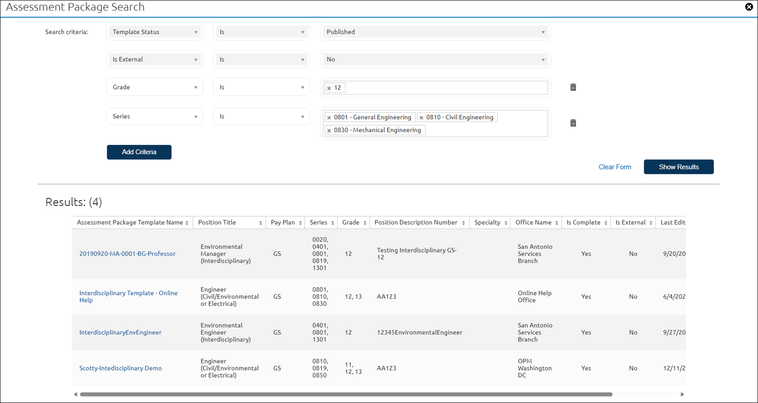 Assessment Template Search pop up