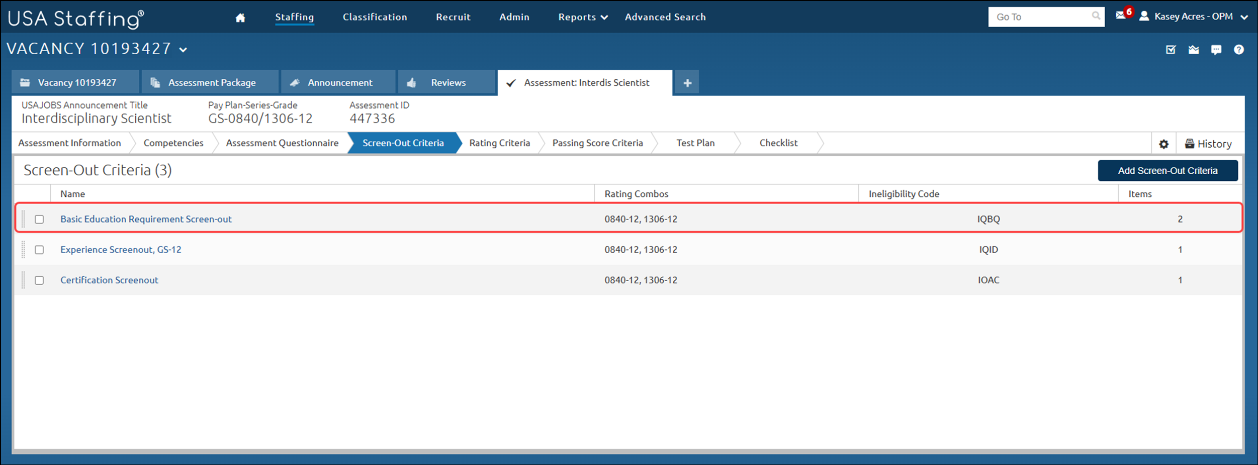 Example of Interdisciplinary Screen-out Criteria page highlighting the Basic Education Screen-out showing 2 items associated with the one screen-out.