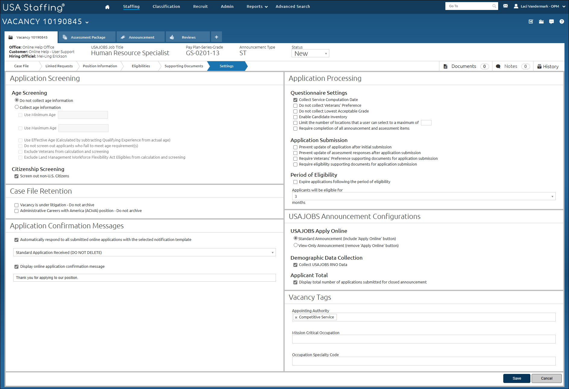 Vacancy setting page displaying selections to Collect Service Computation Date on Vacancy