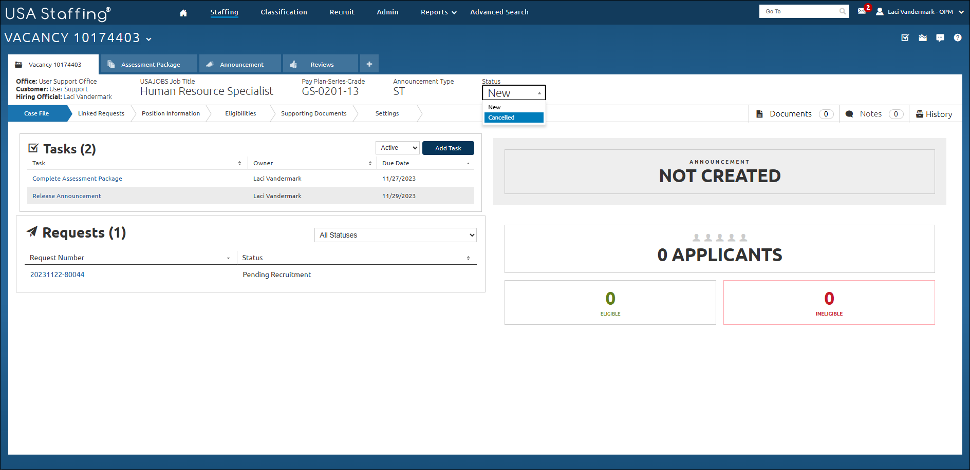  Cancel Vacancy drop down display