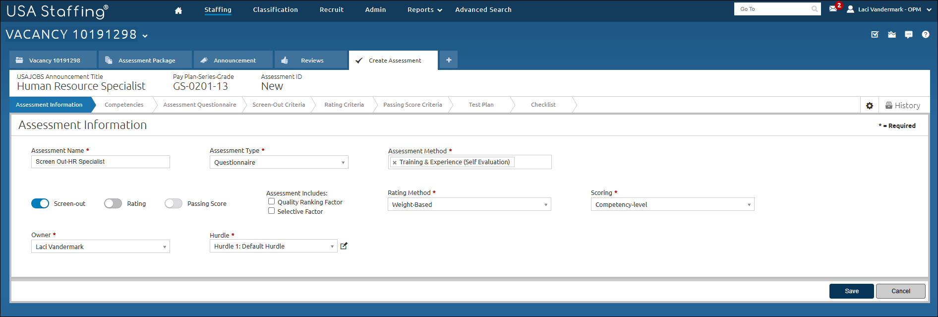 Screen Out Only Assessment toggle