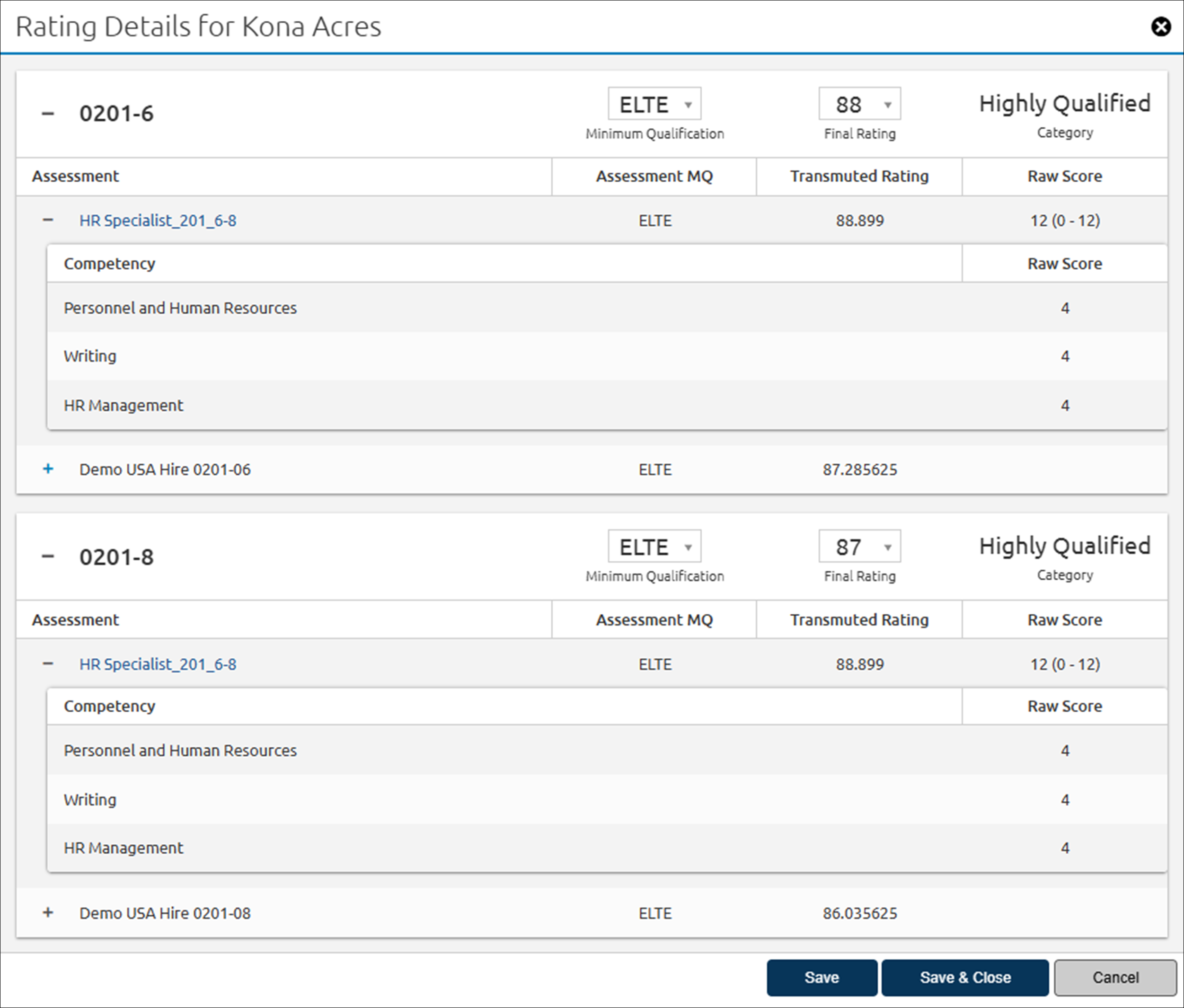 Applicant Rating Details