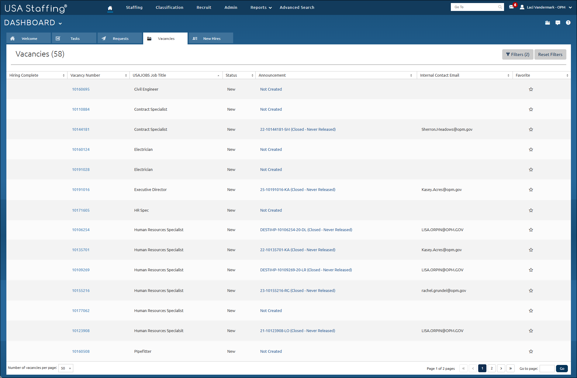 Vacancies Dashboard Filters applied