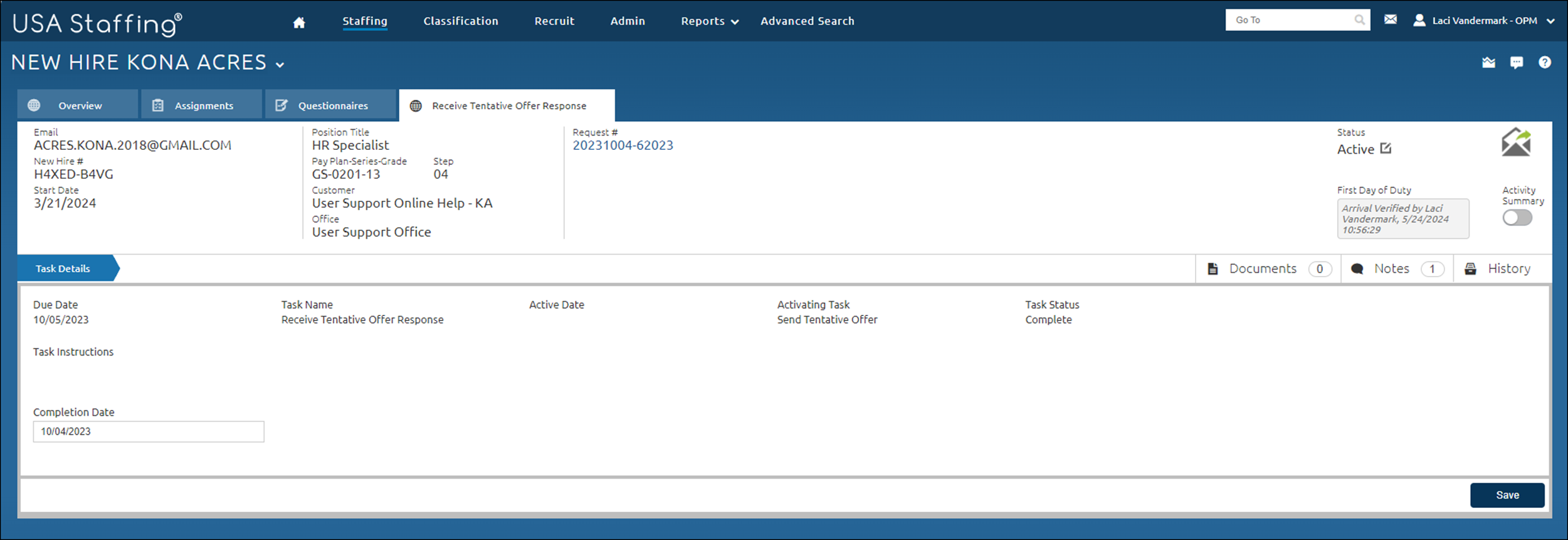 New Hire Task Details page