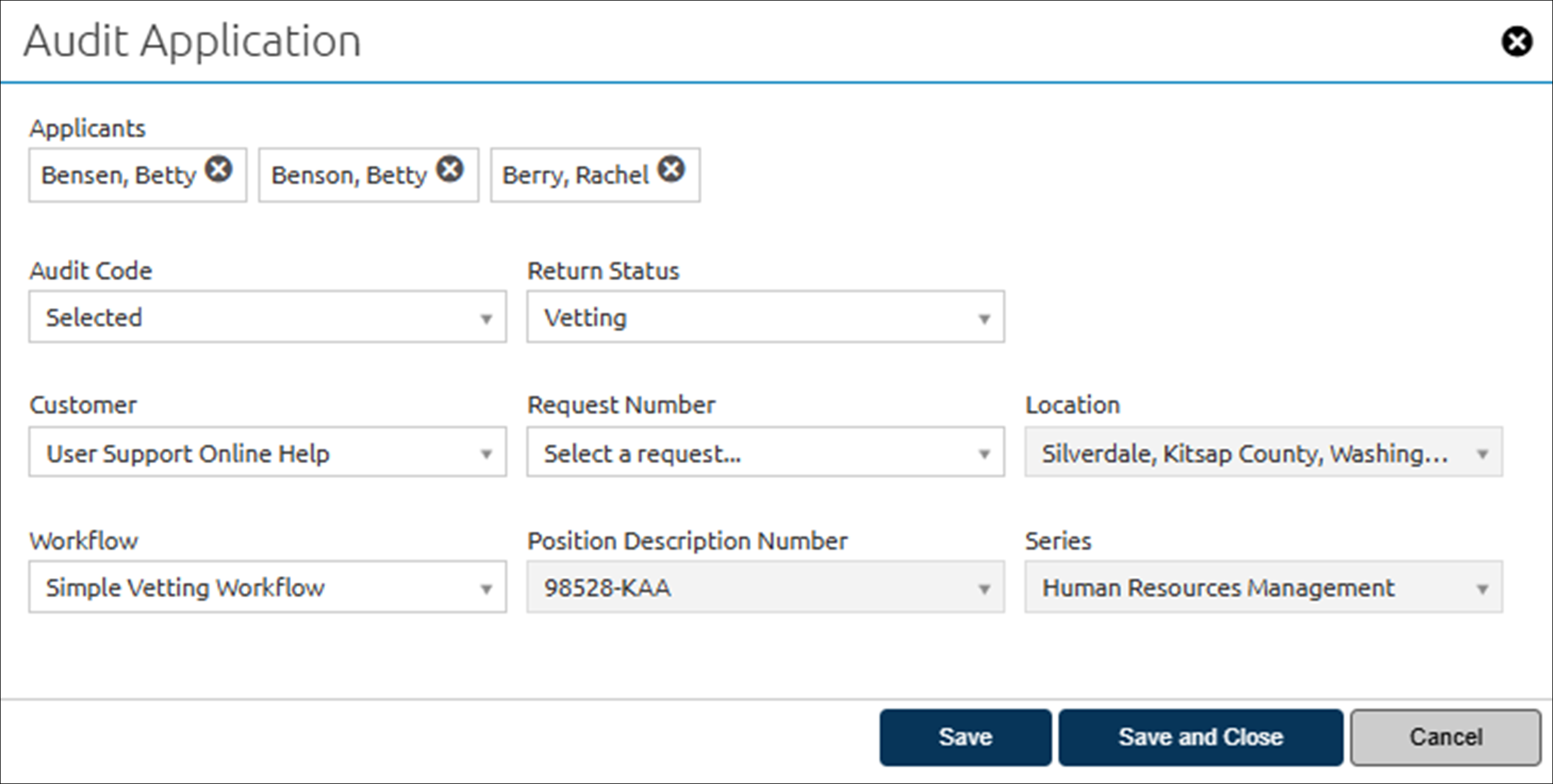 Auditing multiple applicants using vetting pop-up box