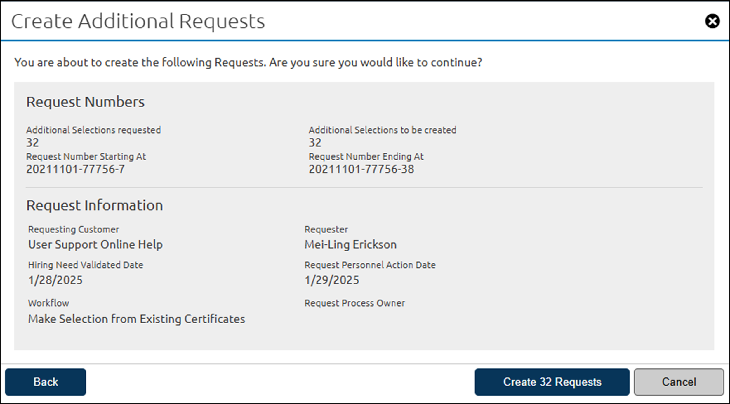 Create Additional Requests Manual Confirmation