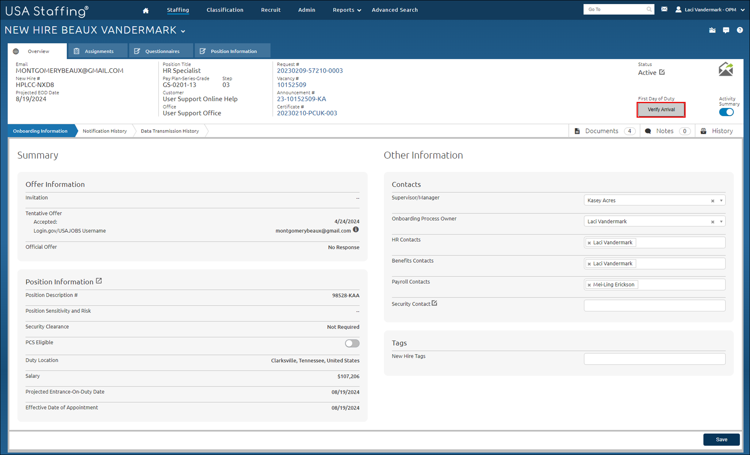 New Hire Verify Arrival