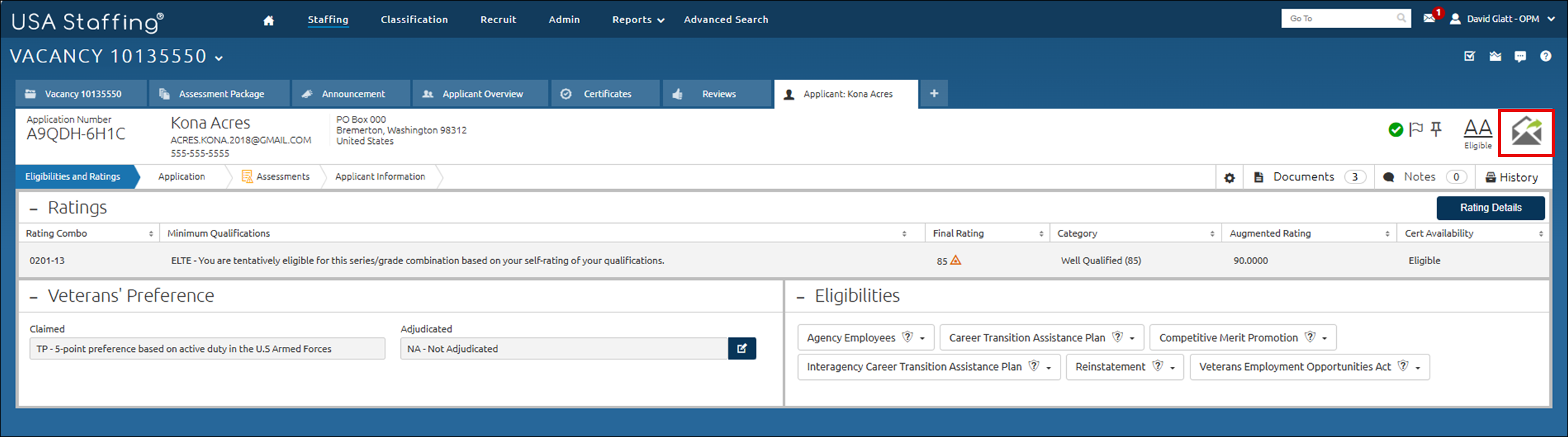 Sending a notification to an applicant