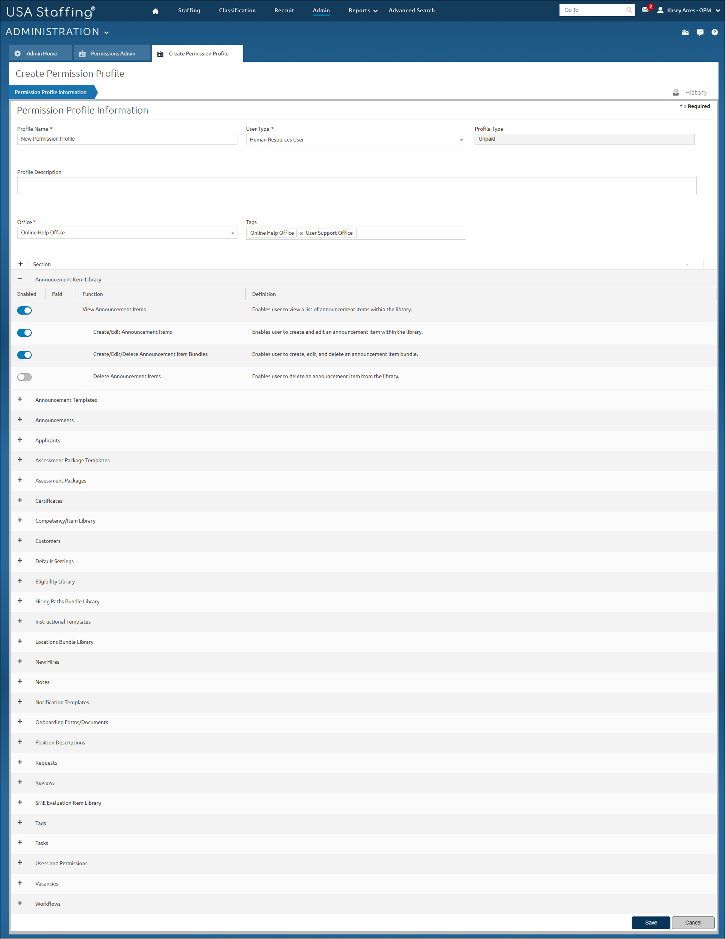 Create Permission Profile page