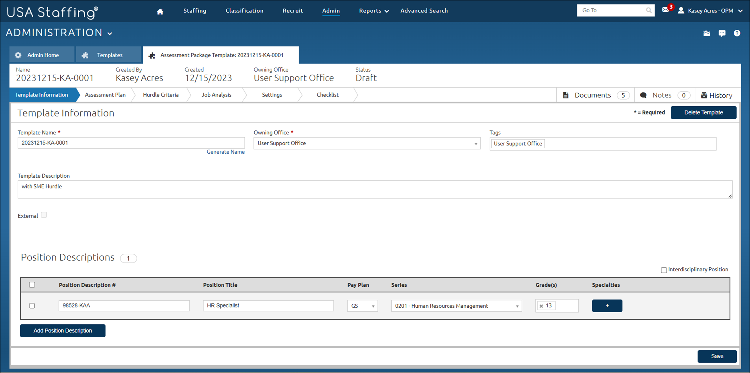 Assessment Template - Template Information page
