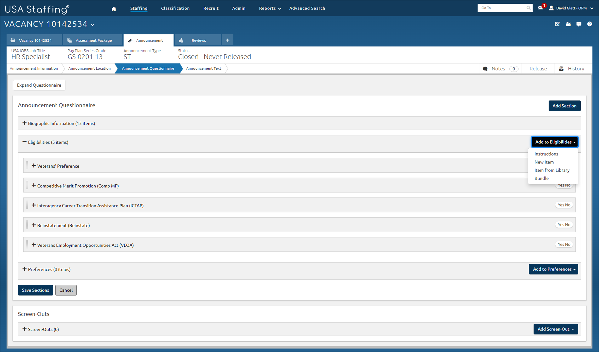 Announcement - Add announcement questionnaire item