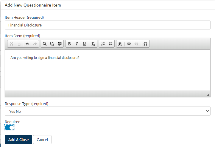 Announcement - Add announcement questionnaire Item Header