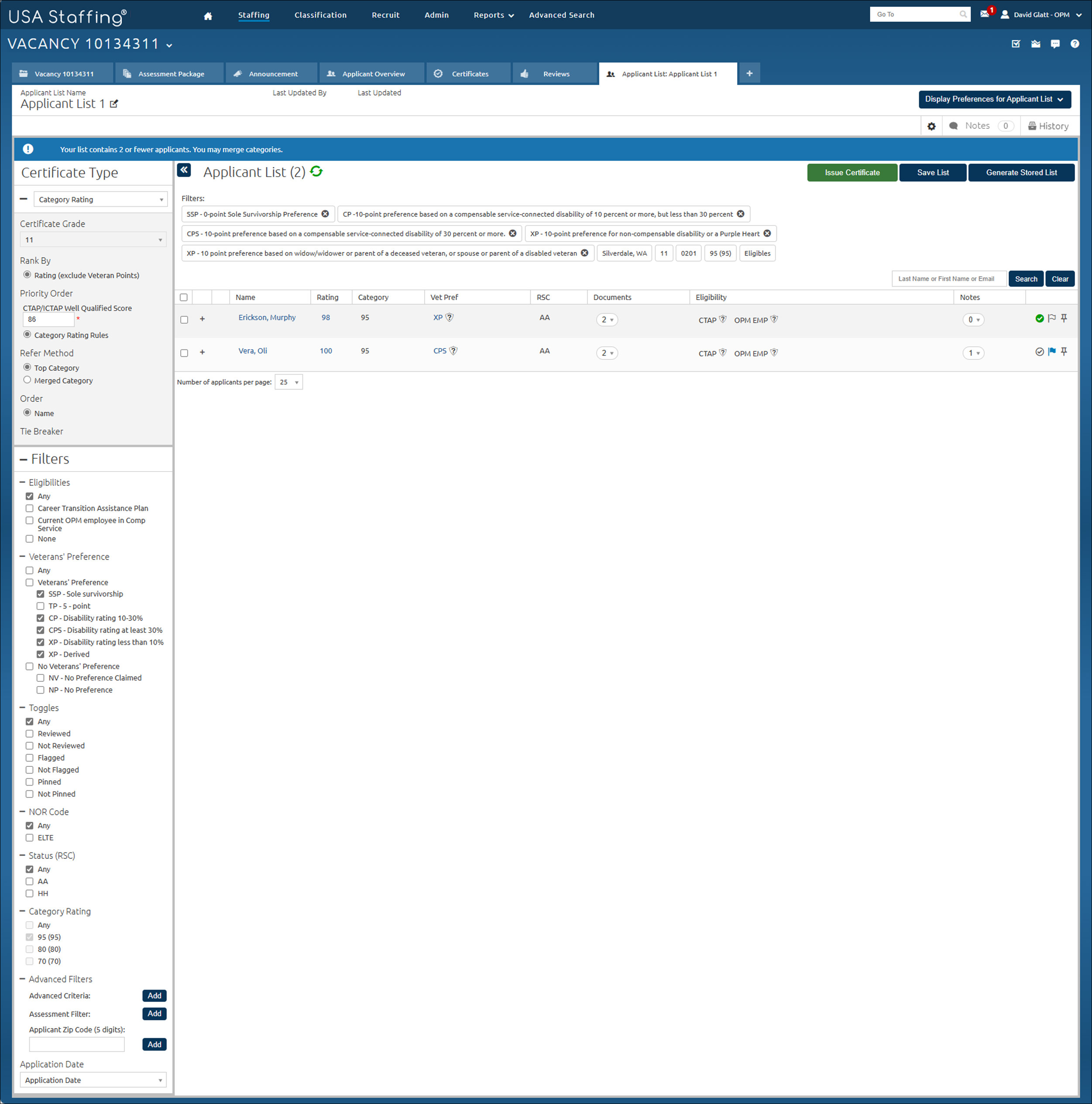 Core - Creating a merged category rating certificate screen 2