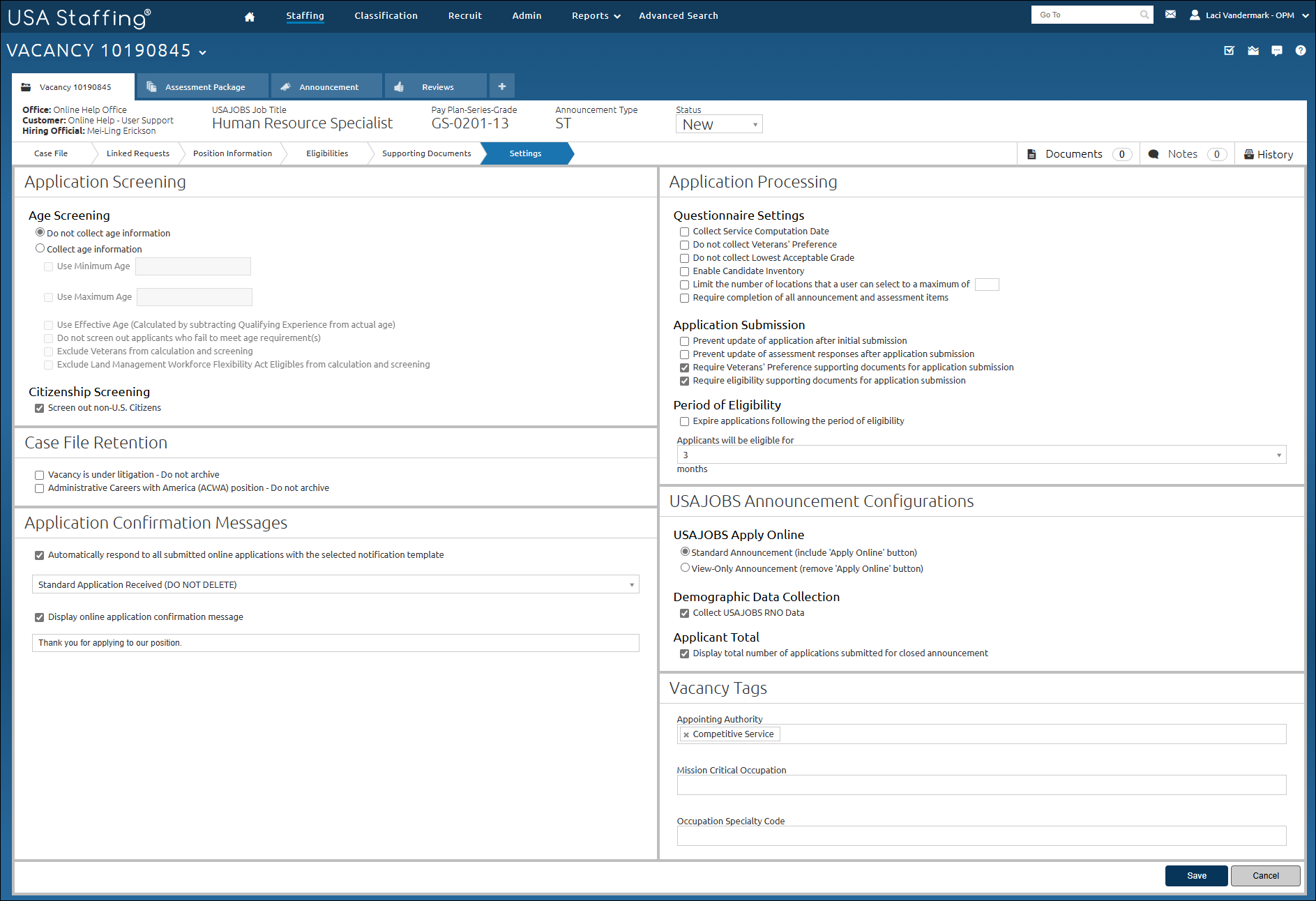 Vacancy Settings page showing Conditional documents settings elections