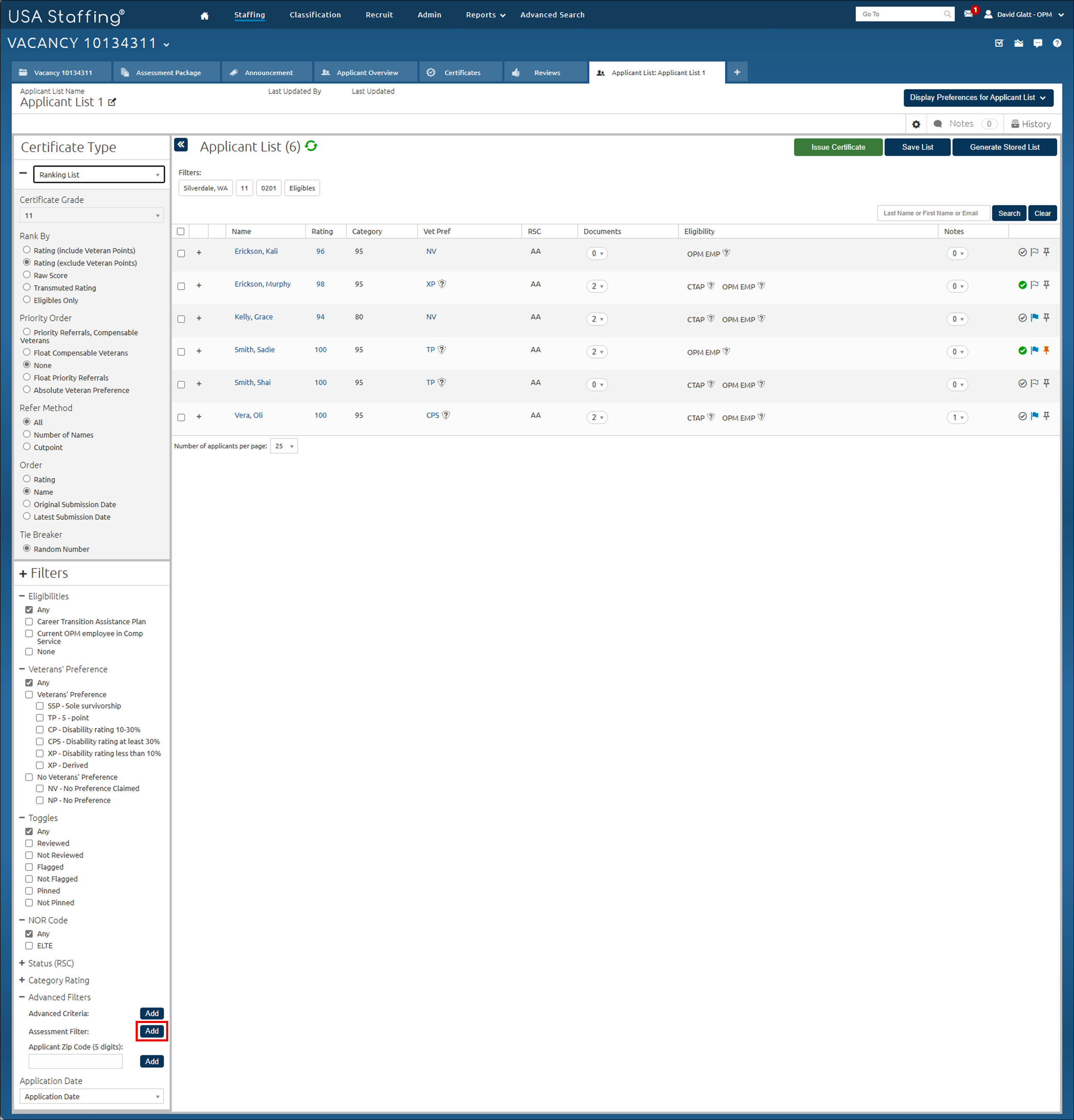 Core - Identifying assessment filter