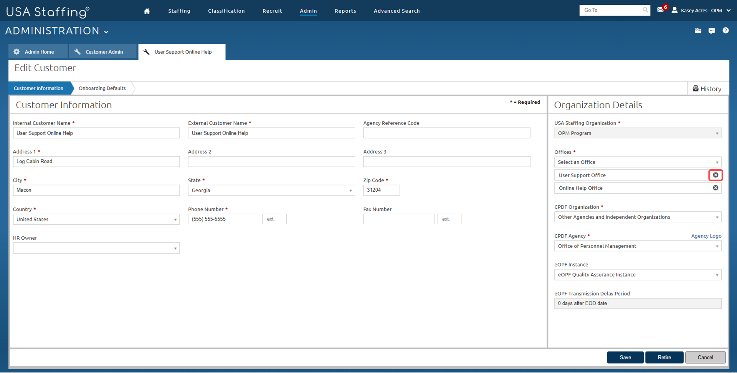 Edit Customer page with the remove office icon under organizational details