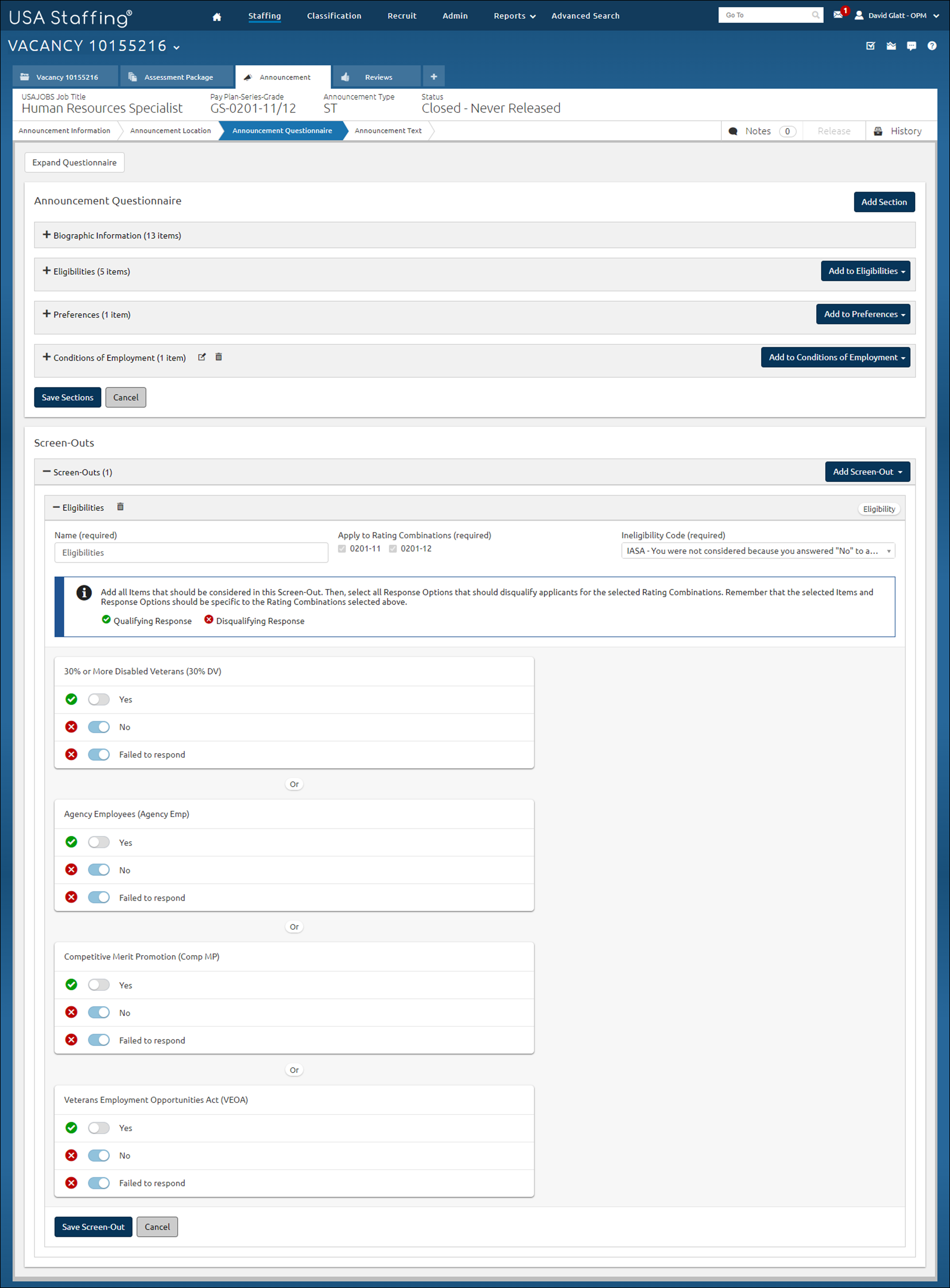 Announcement - Add Eligibility Screen Out to Announcement Questionnaire