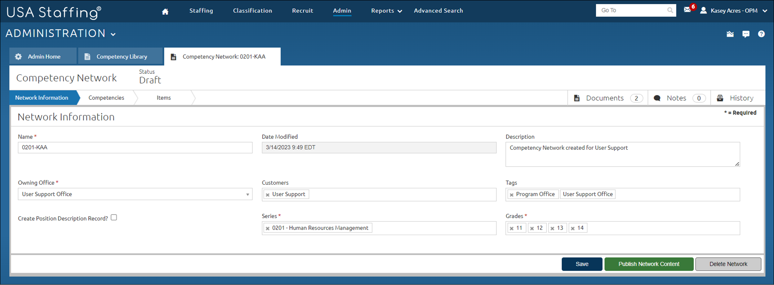 Competency Newtwork Information page with the button to Publish Competency Network