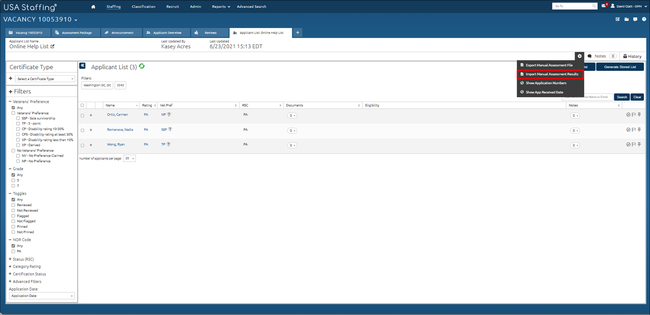 Importing applicant ratings for manual assessments