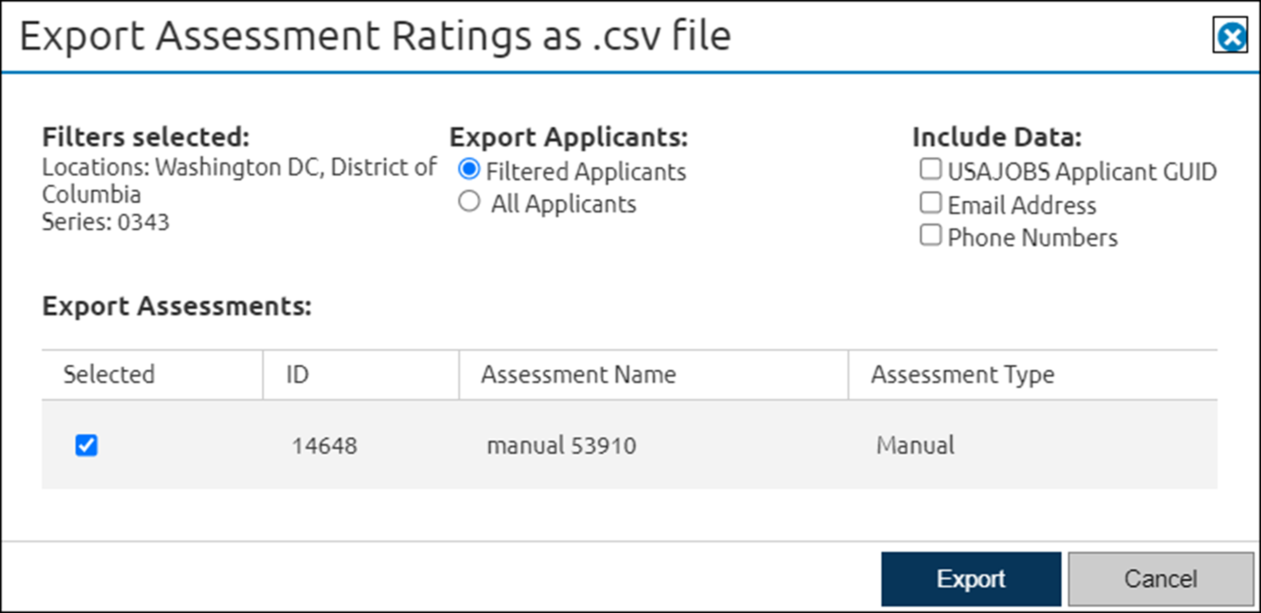 Export for Manual Assessment Saved List Pop Up