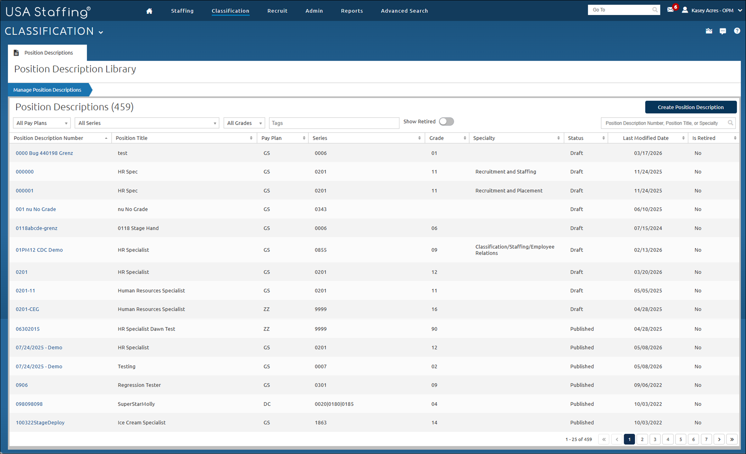 Classification - Manage Position Descriptions main page