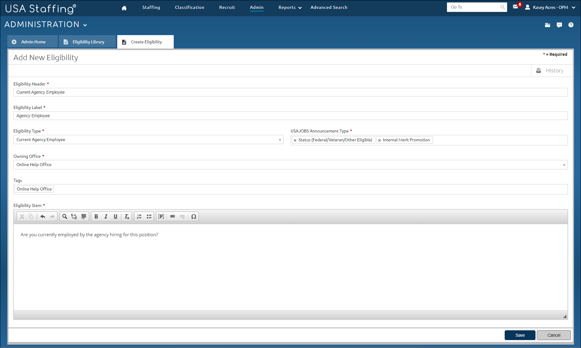 Create Eligibility Library page