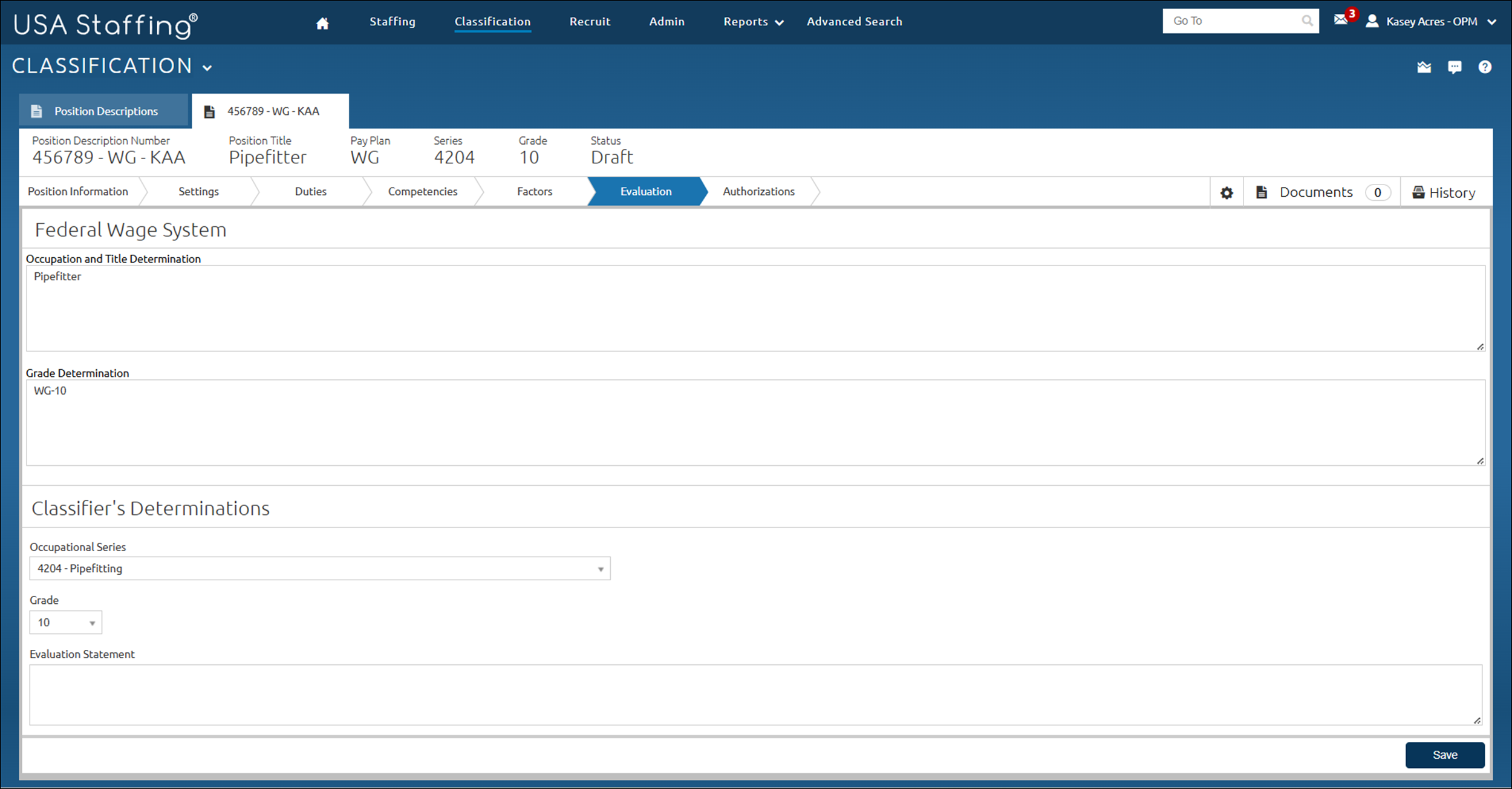 Evaluation page with sample FWS information