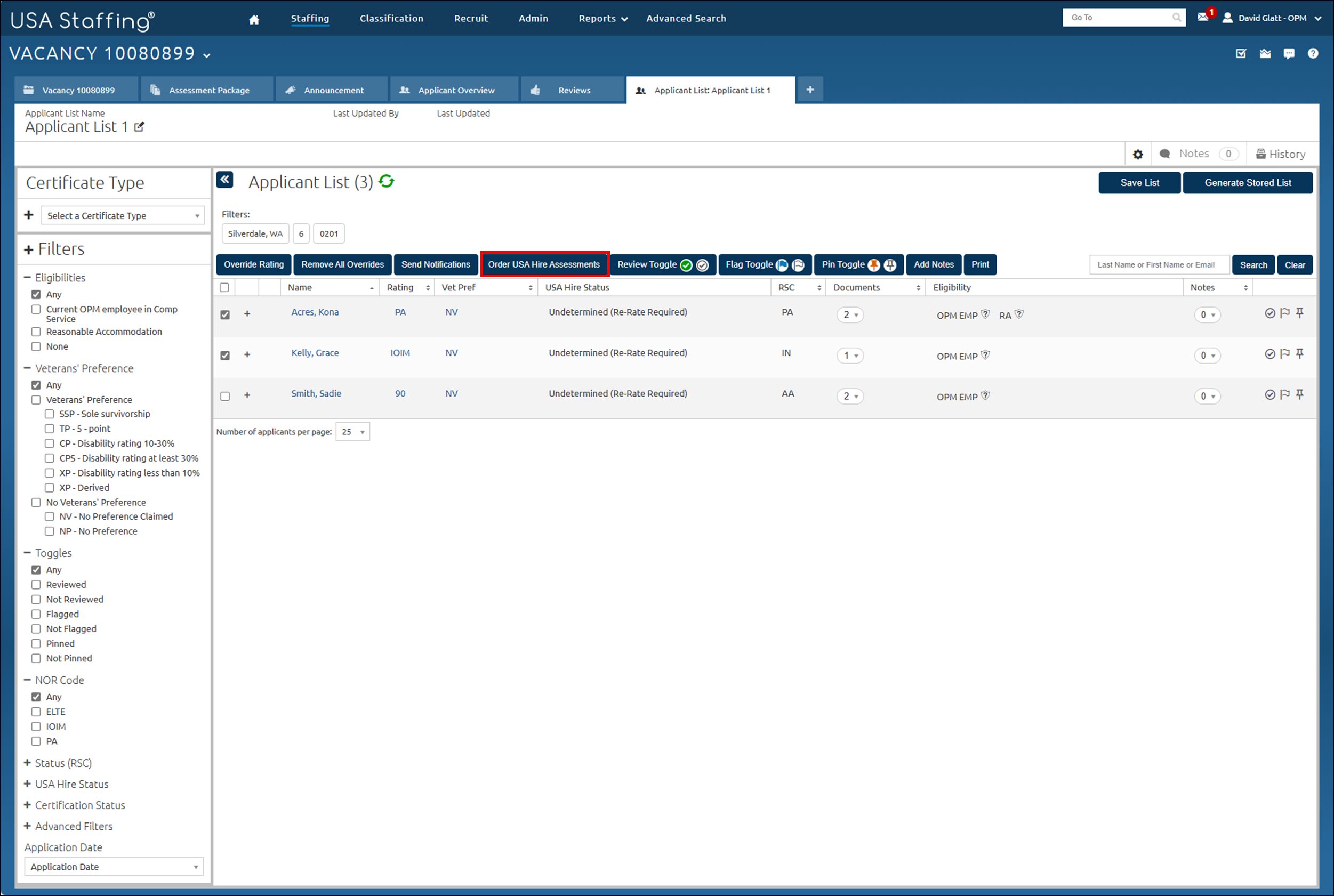 Core - Order USA Hire assessment for multiple applicants on an applicant list