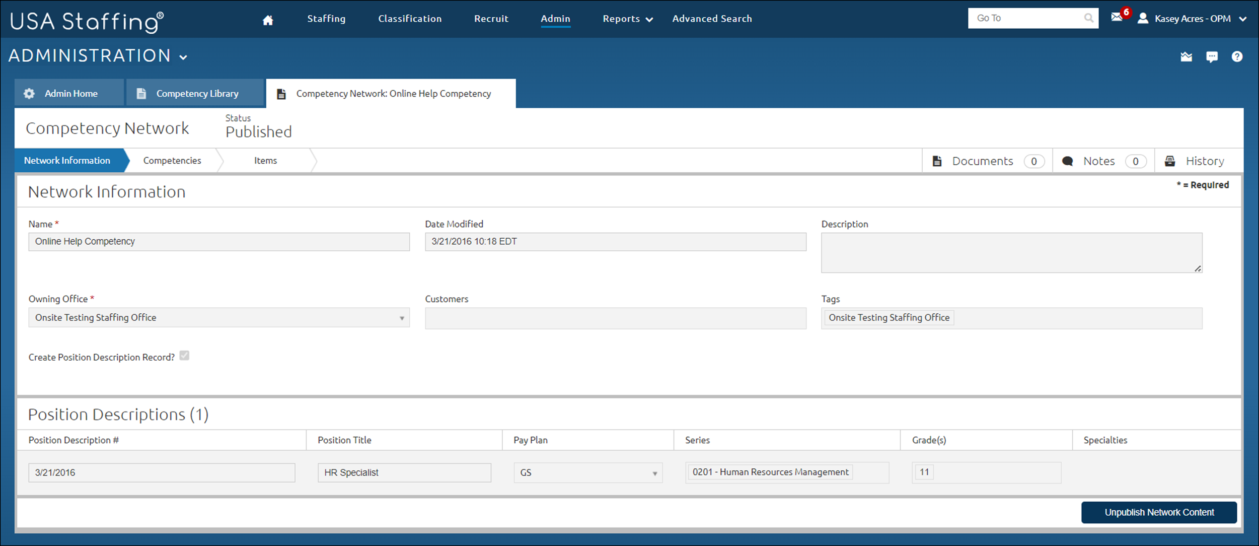 Competency Network with the Unpublish Competency Network button appearing.