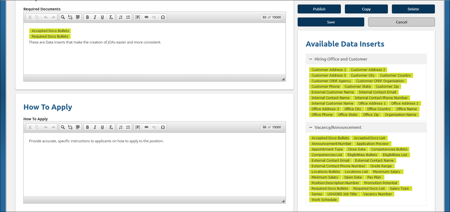 Announcement template showing available Data Inserts