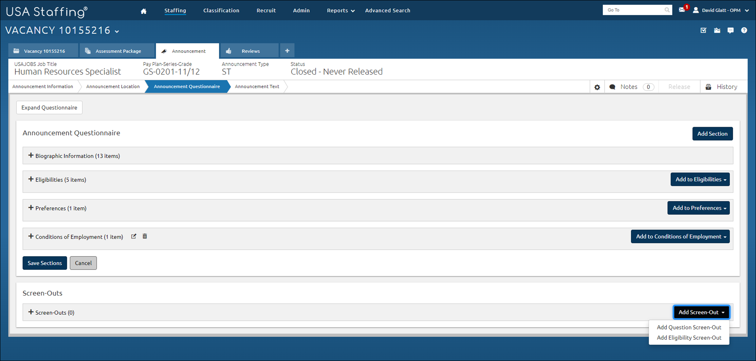 Announcement - Adding quesetion screenout to announcement quesitonnaire item