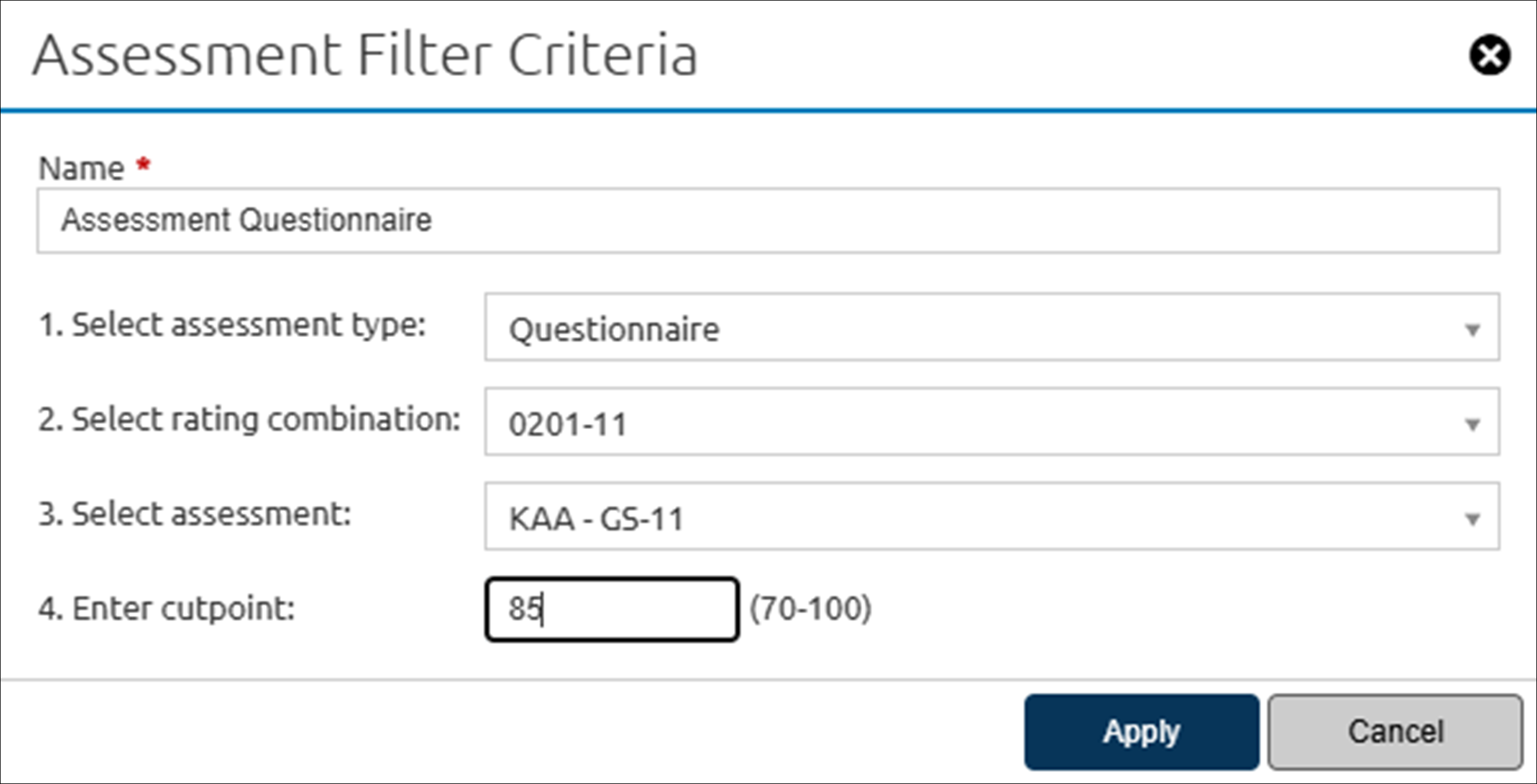 Core - Assessment Filter Criteria popup