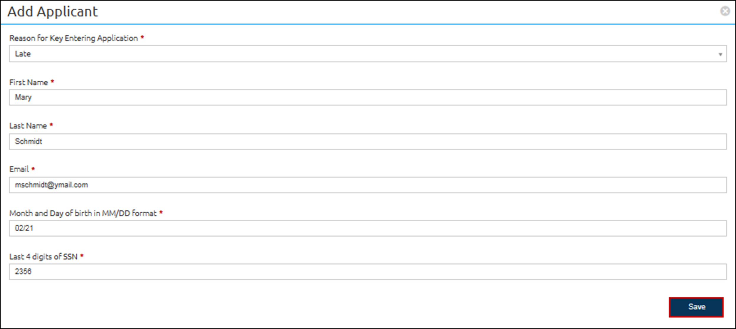 Add applicant pop-up box