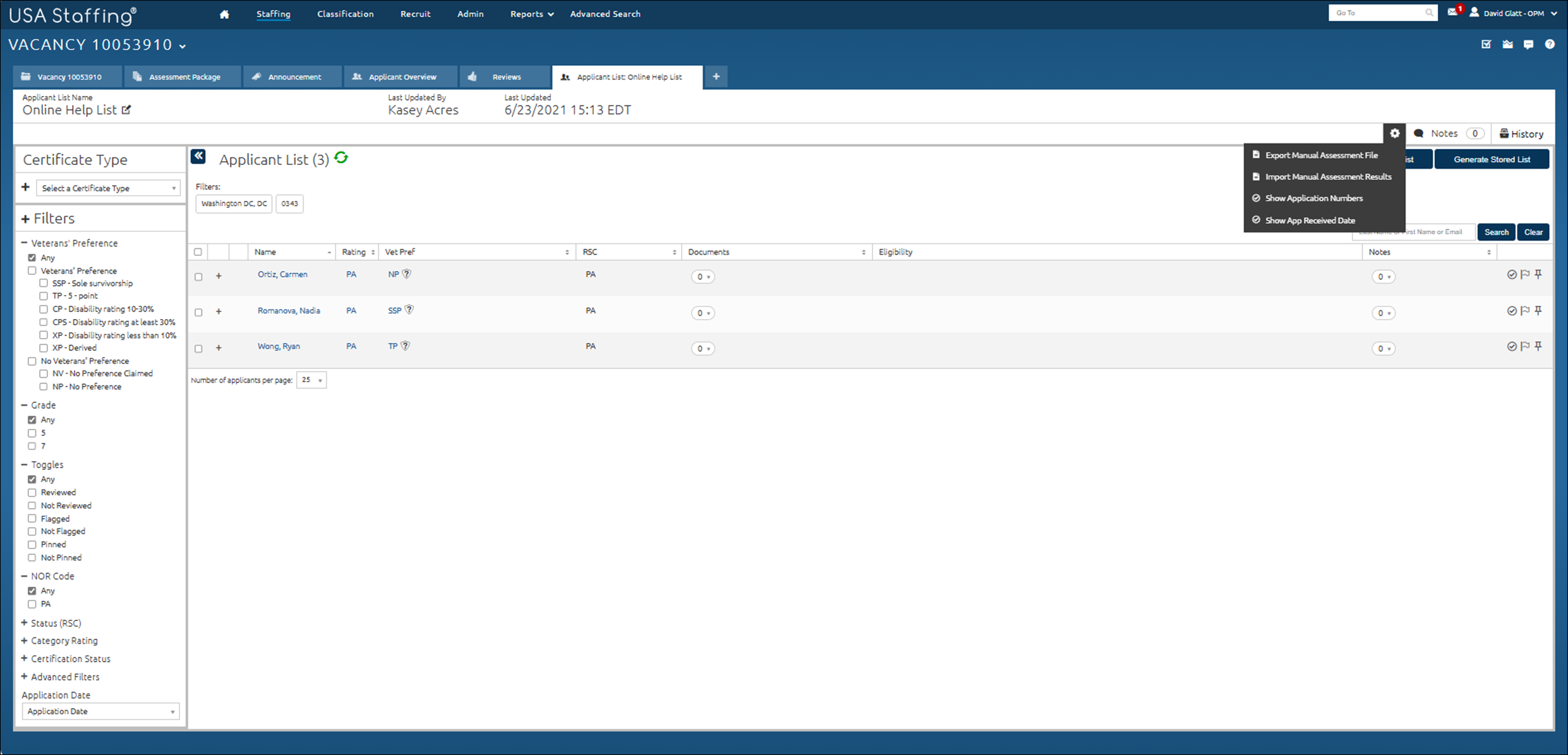 Exporting applicant data for manual rating