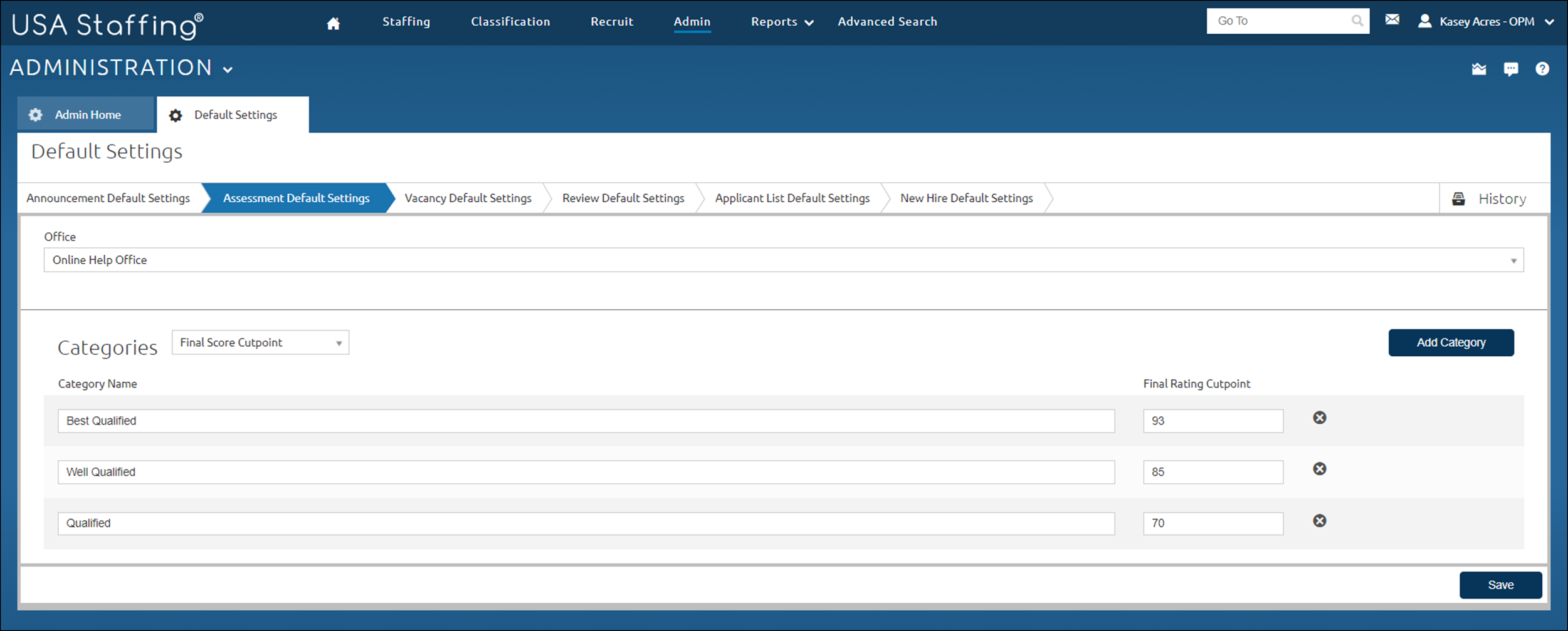 Assessment Default Settings