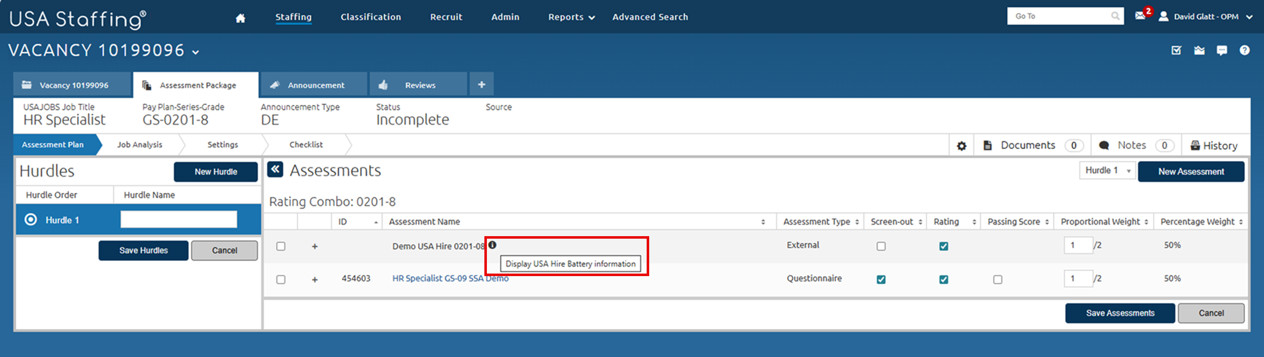 Assessment Plan page with the USA Hire Battery Information icon highlighted.